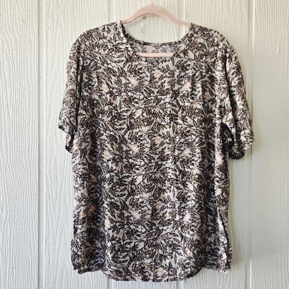 FLAX By Jeanne Englehart Botanical Tropical Print Short Sleeve Blouse Medium - Picture 2 of 6